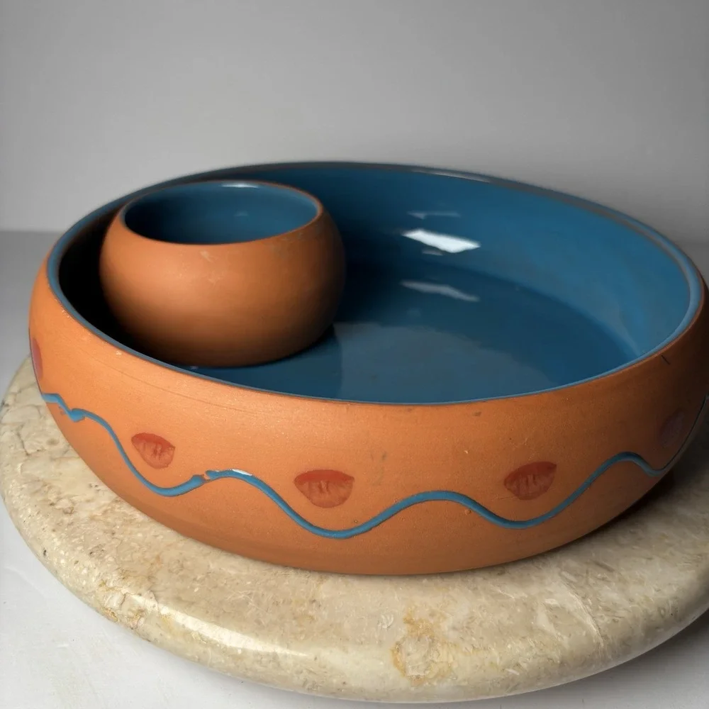 Terracotta Clay Chip And Dip Party Salsa Bowl Himark Portugal Pottery‎ Southwest